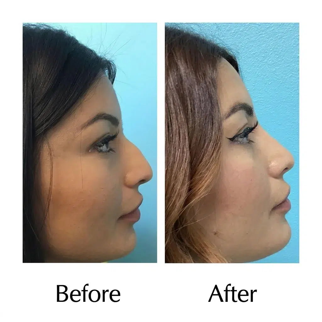 Before and after female rhinoplasty profile transformation.